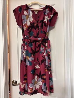LOFT Burgundy Faux Wrap Dress With Colorful Jewel Tone Floral Print Size L
